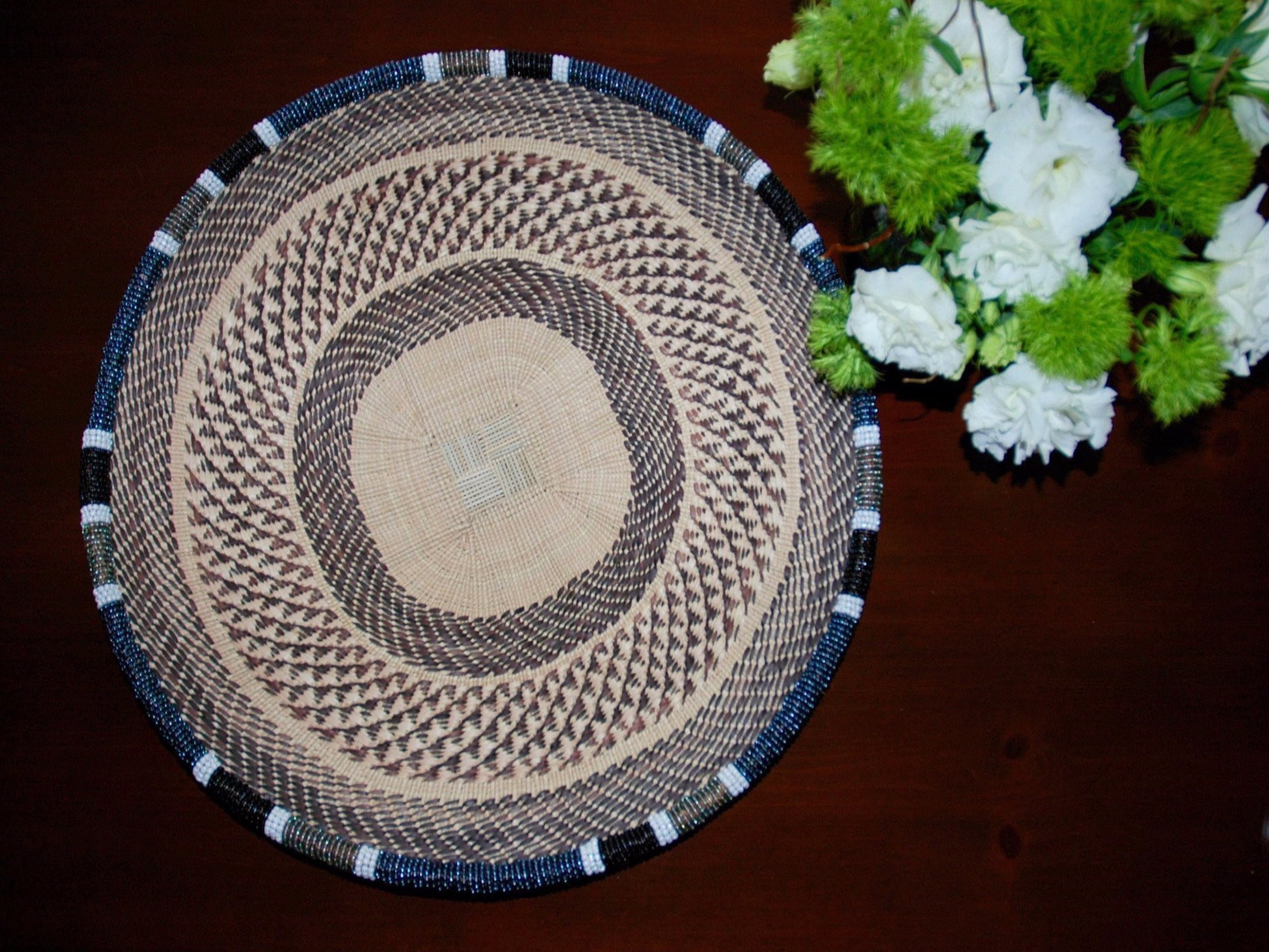 THANDA METALLIC GRAY, BLACK AND WHITE BEADED BASKET - SHADOWS SOLD