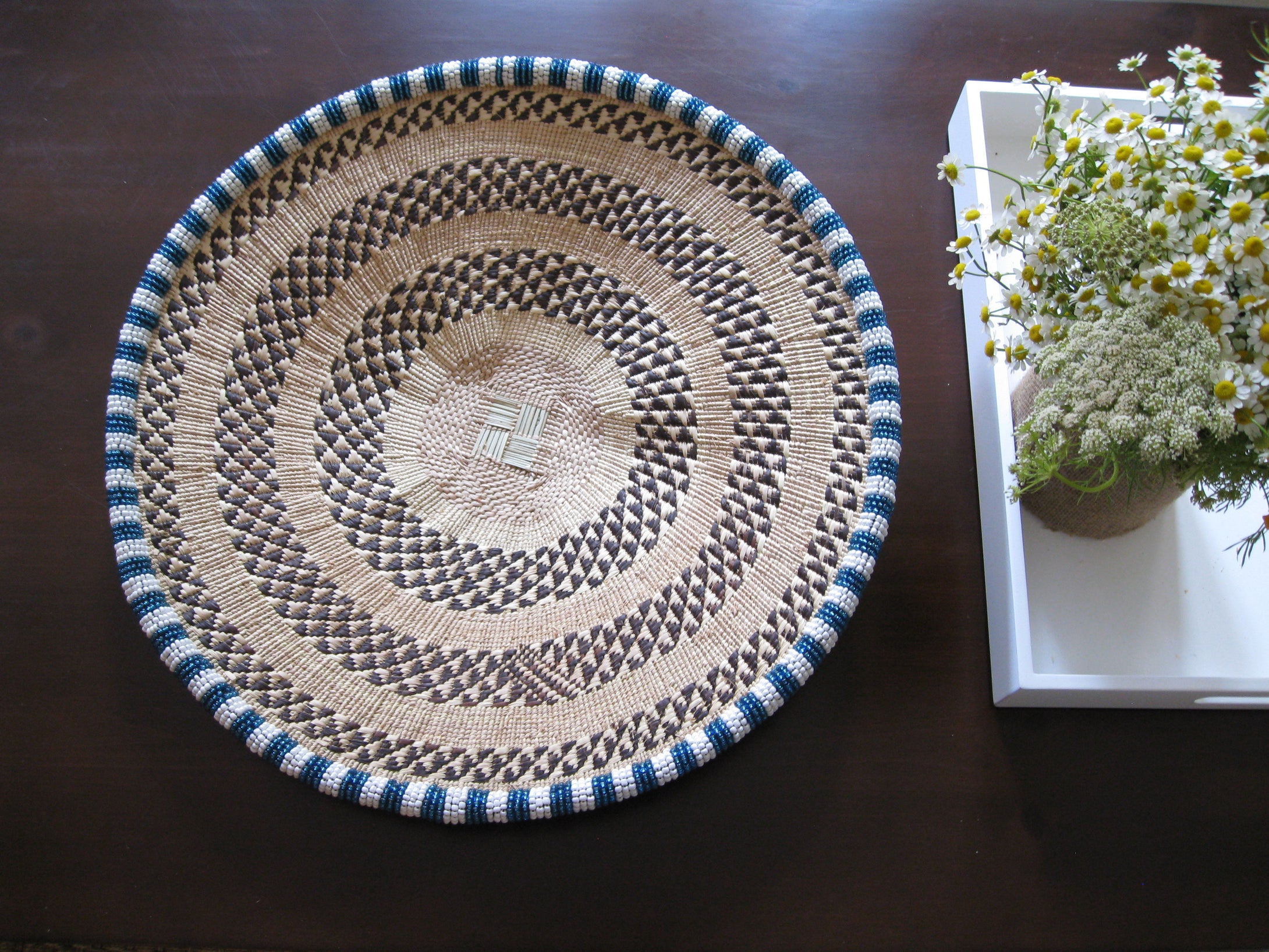 THANDA SKY BLUE AND WHITE BEADED BASKET - CLOUDS