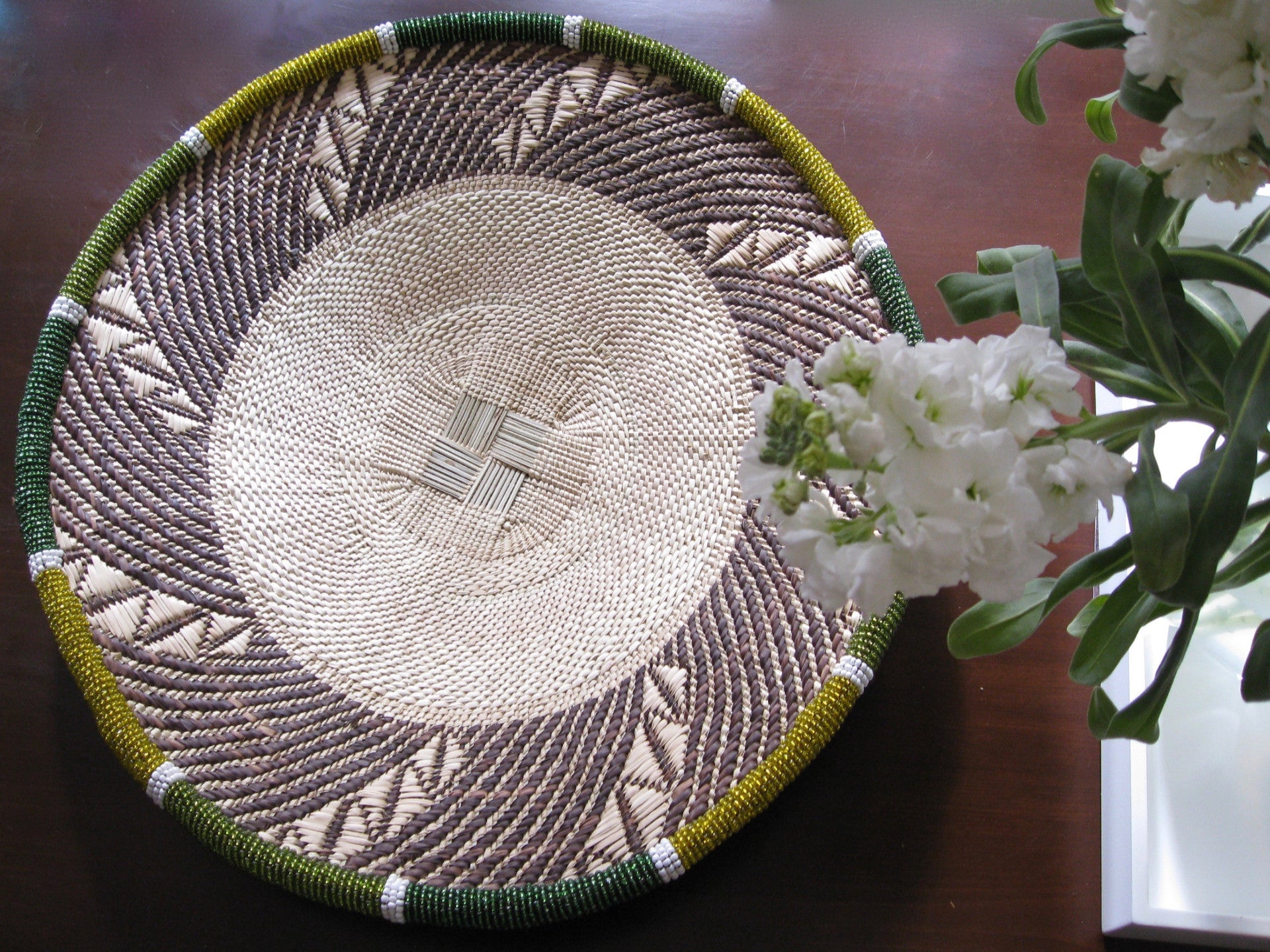 THANDA GREEN BEADED BASKET - GREEN SWIRLS SOLD
