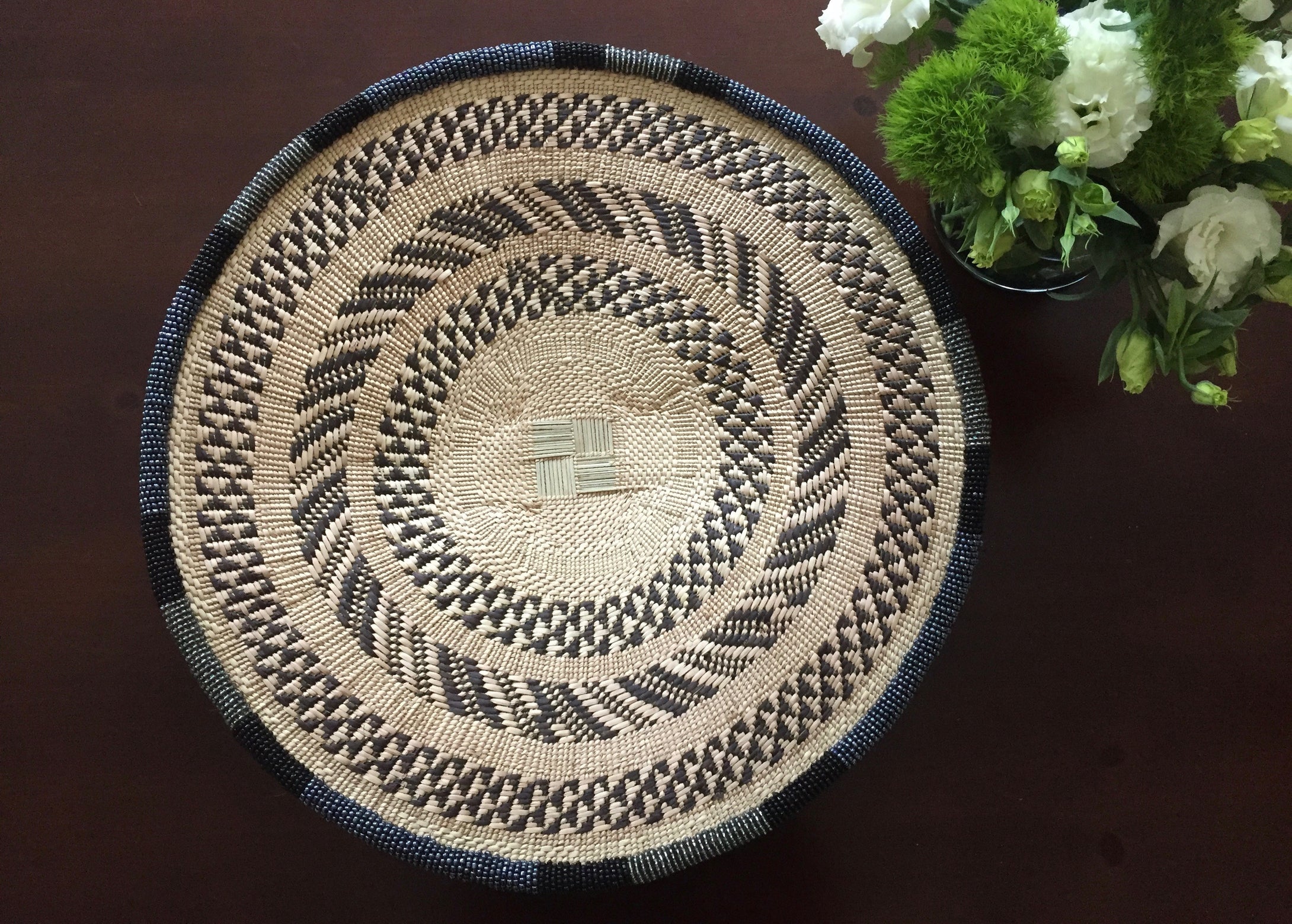 THANDA DARK GRAY, LIGHT GRAY AND BLACK BEADED BASKET - WINDSTORM SOLD