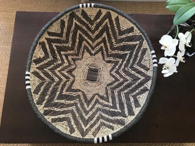 INKOSI DARK GRAY, BLACK AND WHITE BEADED DEEP BOWL BASKET - MAZE SOLD