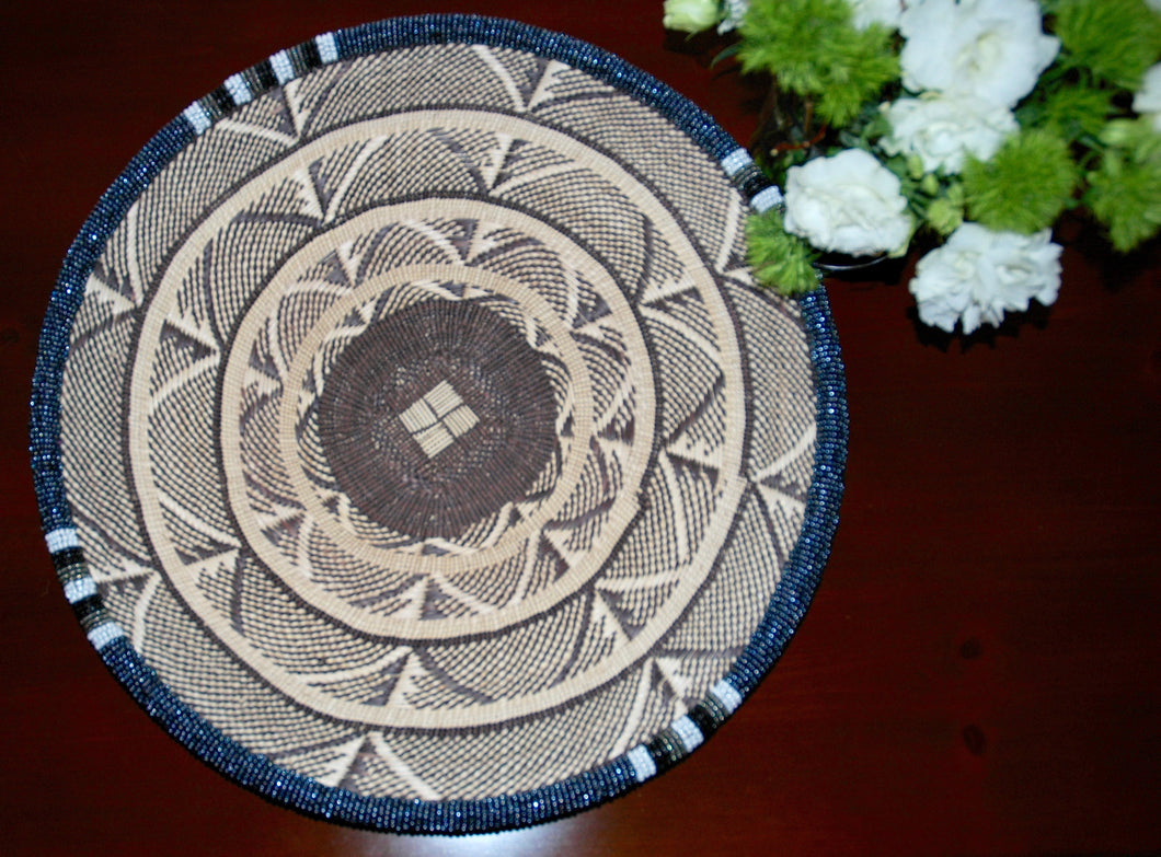THANDA BROWN CENTER WITH METALLIC GRAY, WHITE AND BLACK BEADED BASKET - RAINFALL SOLD