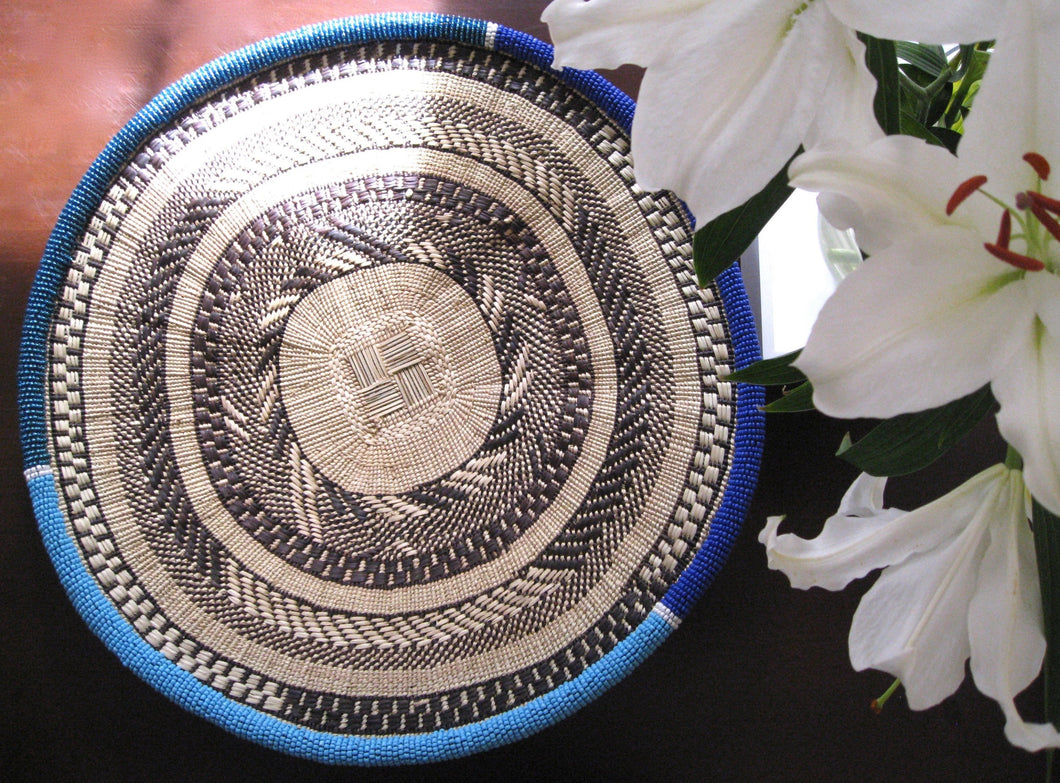 THANDA BLUE TONED BEADED BASKET - AZTEC BLUE