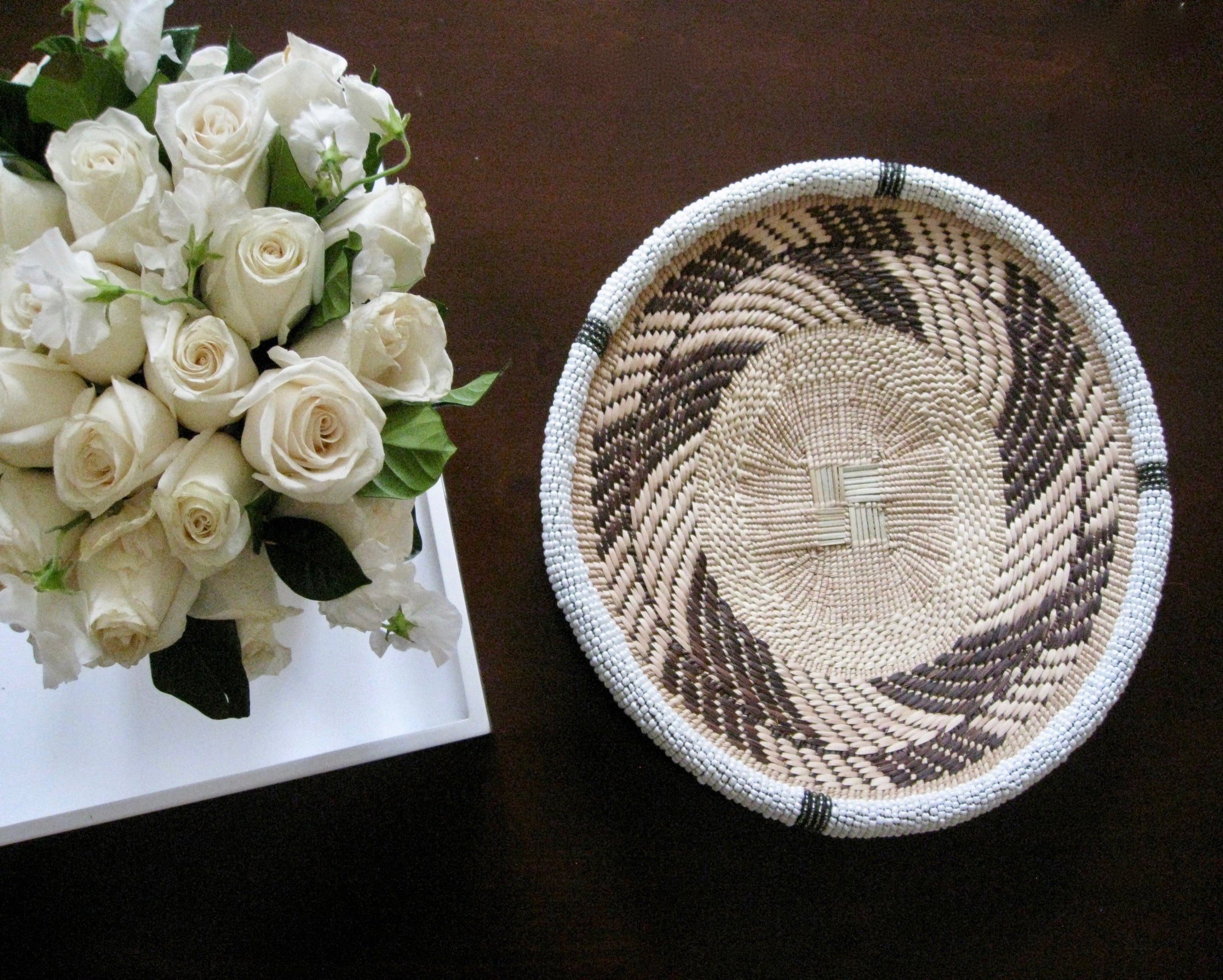 INGANE WHITE AND GRAY BEADED BASKET  - TORNADO SOLD